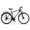 Bicicleta Trekking Unisex cu Roti de 28", Suspensie fata, Manete Secventiale Shimano, Echipare Shimano, Frane DISC -fata/spate, 21 Viteze, negru/gri, City Bike Carpat Genius Rocky cu cadru din Aluminiu si cabluri integrate
