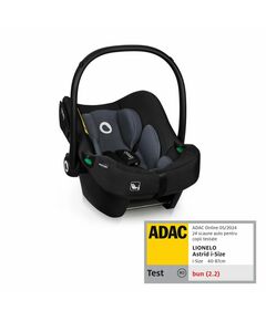 Lionelo - Soica auto i-Size Astrid, 0-13 Kg, 40-87 cm, Cu maner si capotina reglabile, Cu protectie laterala avansata, Salteluta confortabila , Conform cu standardul european de securitate R129, Negru/Gri