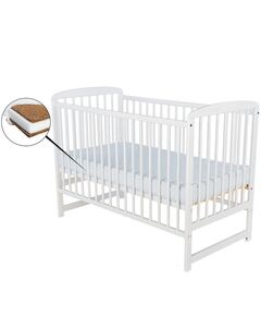 BabyNeeds - Patut din lemn Ola 120X60 cm, Din lemn de pin, Stabil si rezistent, Inaltime saltea reglabila pe 3 nivele, Laterala cu 3 bete detasabile, EN716-1, EN716-2, Alb + Saltea 12 cm