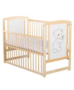 BabyNeeds - Patut din lemn Timmi 120x60 cm, Cu laterala culisanta, Din lemn de pin si mdf, Stabil si rezistent, Inaltime saltea reglabila pe 3 nivele, Laterala cu 3 bete detasabile, EN716-1, EN716-2, Natur