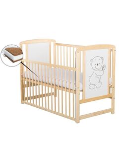 BabyNeeds - Patut din lemn Timmi 120x60 cm, Cu laterala culisanta, Din lemn de pin si mdf, Stabil si rezistent, Inaltime saltea reglabila pe 3 nivele, Laterala cu 3 bete detasabile, EN716-1, EN716-2, Natur + Saltea 12 cm