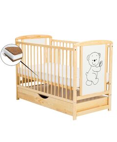 BabyNeeds - Patut din lemn Timmi 120x60 cm, Cu sertar cu capac, Din lemn de pin si mdf, Stabil si rezistent, Inaltime saltea reglabila pe 3 nivele, Laterala cu 3 bete detasabile, EN716-1, EN716-2, Natur + Saltea 10 cm