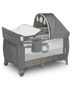 Lionelo - Patut pliant cu doua nivele Sven Plus, 120x60 cm, arcada jucarii, masuta de infasat, vibratii, melodii, conform cu standardele europeane de securitate EN716 si EN12221, Grey Scandi
