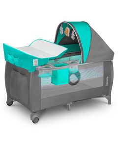 Lionelo - Patut pliant cu doua nivele Sven Plus, 120x60 cm, arcada jucarii, masuta de infasat, vibratii, melodii, conform cu standardele europeane de securitate EN716 si EN12221, Turcoaz/Gri