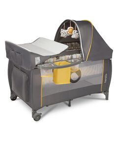 Lionelo - Patut pliant cu doua nivele Sven Plus, 120x60 cm, arcada jucarii, masuta de infasat, vibratii, melodii, conform cu standardele europeane de securitate EN716 si EN12221, Yellow Scandi