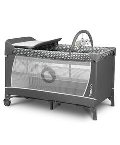 Lionelo - Patut pliant cu doua nivele Flower, Cu arcada, Geanta transport, Masuta de infasat, Bara cu jucarii, Fereastra laterala, 120x60 cm, Conform cu standardele europeane de securitate EN 716 si EN12221, Gri