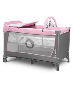 Lionelo - Patut pliant cu doua nivele Flower , Cu arcada, Geanta transport, Masuta de infasat, Bara cu jucarii, Fereastra laterala, 120x60 cm, Conform cu standardele europeane de securitate EN 716 si EN12221, Roz