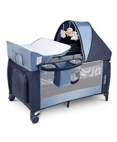 Lionelo - Patut pliant cu doua nivele Sven Plus, 120x60 cm, arcada jucarii, masuta de infasat, vibratii, melodii, conform cu standardele europeane de securitate EN716 si EN12221, Blue Navy