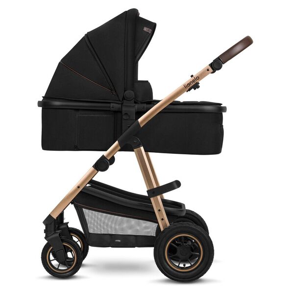 Lionelo - Carucior Amber 3 in 1, Cadru aluminiu, Cu landou intarit si salteluta moale, Scoica auto, Reversibil, Maner ajustabil, Huse pentru picioare, ploaie, Plasa de tantar, Geanta parinti, Pana la 22 kg, EN1888-1,EN1888-2,EN1466,ECE R44/04, Negru