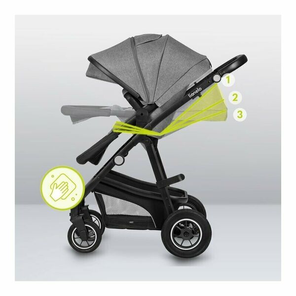 Lionelo - Carucior Bianka, 3 in 1, Cadru aluminiu, Cu landou intarit si salteluta moale, Maner ajustabil, Include saculet de picioare, Husa de ploaie si tantari, Geanta pentru parinti, Sustine 22 kg, 0 luni+, EN1466:2014+AC:2015, EN1888, Gri, Culoare: Gri
