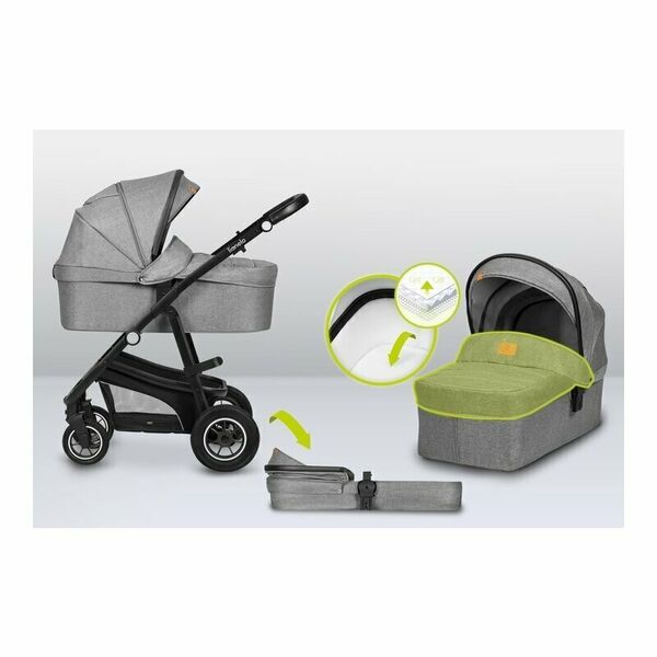 Lionelo - Carucior Bianka, 3 in 1, Cadru aluminiu, Cu landou intarit si salteluta moale, Maner ajustabil, Include saculet de picioare, Husa de ploaie si tantari, Geanta pentru parinti, Sustine 22 kg, 0 luni+, EN1466:2014+AC:2015, EN1888, Gri, Culoare: Gri
