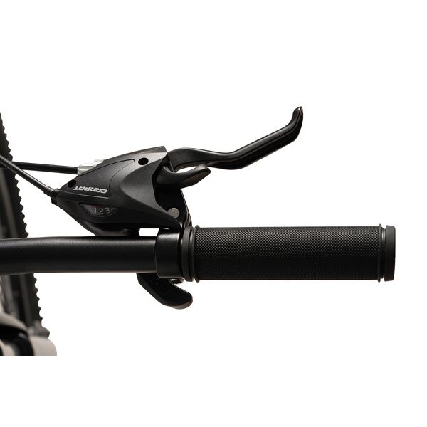 Bicicleta MTB cu Roti de 26", Frane Disc fata/spate, Manete secventiale, Schimbator Shimano, 21 Viteze, negru/gri/portocaliu, Mountain Bike Carpat City Cross Genius cu dubla suspensie