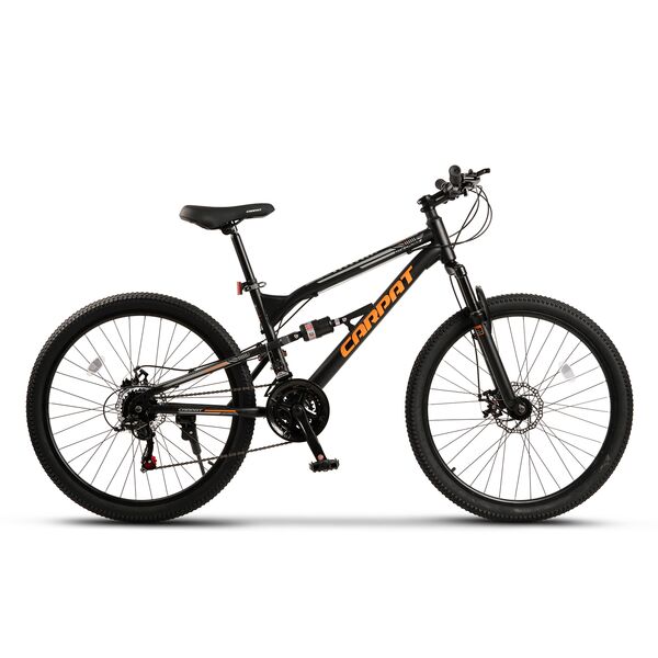 Bicicleta MTB cu Roti de 26", Frane Disc fata/spate, Manete secventiale, Schimbator Shimano, 21 Viteze, negru/gri/portocaliu, Mountain Bike Carpat City Cross Genius cu dubla suspensie