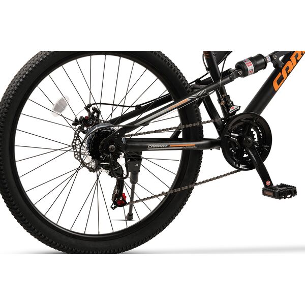 Bicicleta MTB cu Roti de 26", Frane Disc fata/spate, Manete secventiale, Schimbator Shimano, 21 Viteze, negru/gri/portocaliu, Mountain Bike Carpat City Cross Genius cu dubla suspensie
