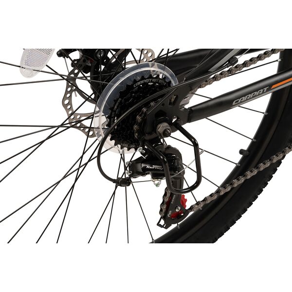 Bicicleta MTB cu Roti de 26", Frane Disc fata/spate, Manete secventiale, Schimbator Shimano, 21 Viteze, negru/gri/portocaliu, Mountain Bike Carpat City Cross Genius cu dubla suspensie
