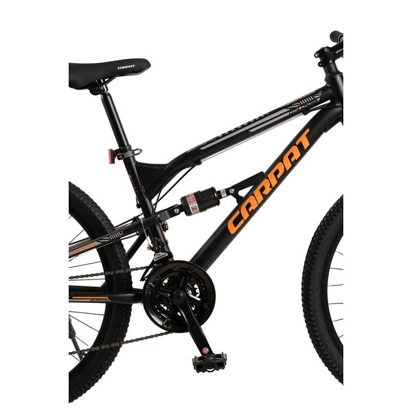 Bicicleta MTB cu Roti de 26", Frane Disc fata/spate, Manete secventiale, Schimbator Shimano, 21 Viteze, negru/gri/portocaliu, Mountain Bike Carpat City Cross Genius cu dubla suspensie