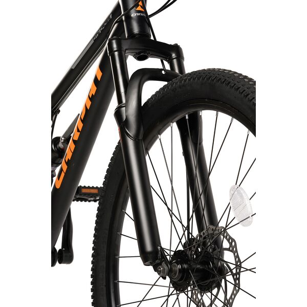 Bicicleta MTB cu Roti de 26", Frane Disc fata/spate, Manete secventiale, Schimbator Shimano, 21 Viteze, negru/gri/portocaliu, Mountain Bike Carpat City Cross Genius cu dubla suspensie