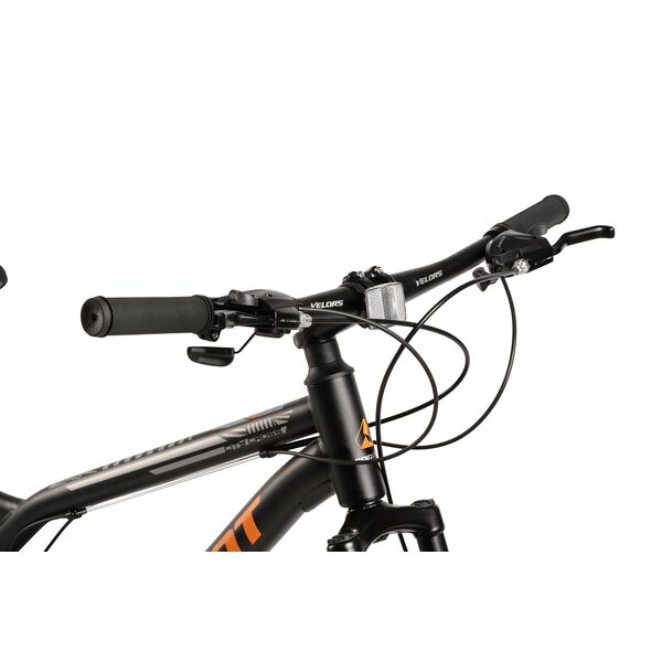 Bicicleta MTB cu Roti de 26", Frane Disc fata/spate, Manete secventiale, Schimbator Shimano, 21 Viteze, negru/gri/portocaliu, Mountain Bike Carpat City Cross Genius cu dubla suspensie