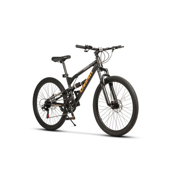 Bicicleta MTB cu Roti de 26", Frane Disc fata/spate, Manete secventiale, Schimbator Shimano, 21 Viteze, negru/gri/portocaliu, Mountain Bike Carpat City Cross Genius cu dubla suspensie