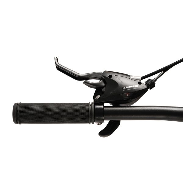 Bicicleta MTB cu Roti de 26", Frane Disc fata/spate, Manete secventiale, Schimbator Shimano, 21 Viteze, negru/gri/portocaliu, Mountain Bike Carpat City Cross Genius cu dubla suspensie