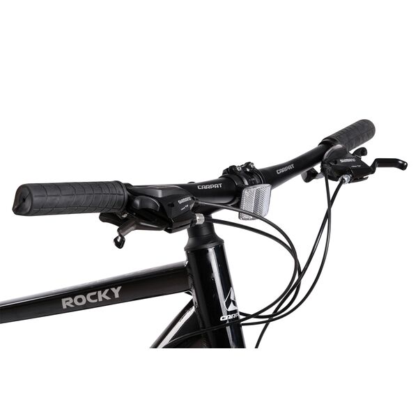 Bicicleta Trekking Unisex cu Roti de 28", Suspensie fata, Manete Secventiale Shimano, Echipare Shimano, Frane DISC -fata/spate, 21 Viteze, negru/gri, City Bike Carpat Genius Rocky cu cadru din Aluminiu si cabluri integrate