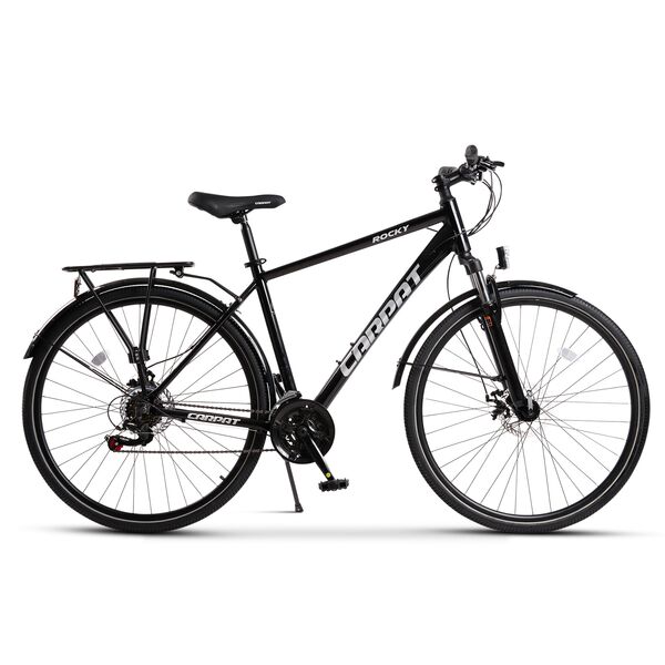 Bicicleta Trekking Unisex cu Roti de 28", Suspensie fata, Manete Secventiale Shimano, Echipare Shimano, Frane DISC -fata/spate, 21 Viteze, negru/gri, City Bike Carpat Genius Rocky cu cadru din Aluminiu si cabluri integrate
