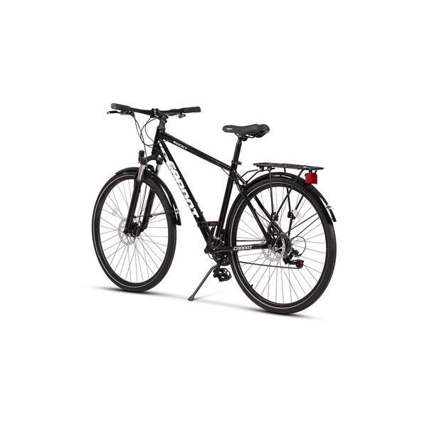 Bicicleta Trekking Unisex cu Roti de 28", Suspensie fata, Manete Secventiale Shimano, Echipare Shimano, Frane DISC -fata/spate, 21 Viteze, negru/gri, City Bike Carpat Genius Rocky cu cadru din Aluminiu si cabluri integrate