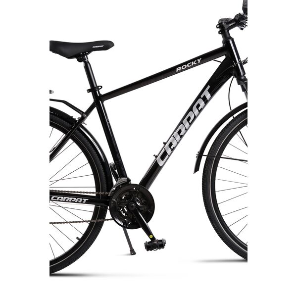 Bicicleta Trekking Unisex cu Roti de 28", Suspensie fata, Manete Secventiale Shimano, Echipare Shimano, Frane DISC -fata/spate, 21 Viteze, negru/gri, City Bike Carpat Genius Rocky cu cadru din Aluminiu si cabluri integrate