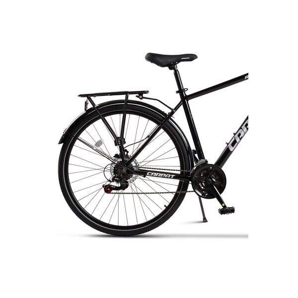 Bicicleta Trekking Unisex cu Roti de 28", Suspensie fata, Manete Secventiale Shimano, Echipare Shimano, Frane DISC -fata/spate, 21 Viteze, negru/gri, City Bike Carpat Genius Rocky cu cadru din Aluminiu si cabluri integrate