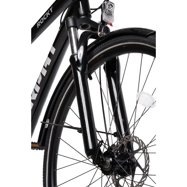 Bicicleta Trekking Unisex cu Roti de 28", Suspensie fata, Manete Secventiale Shimano, Echipare Shimano, Frane DISC -fata/spate, 21 Viteze, negru/gri, City Bike Carpat Genius Rocky cu cadru din Aluminiu si cabluri integrate