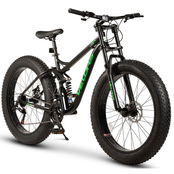 Bicicleta MTB cu Roti de 26", Furca Dubla Suspensie, Manete Secventiale, Frane Disc, 21 Viteze, negru/verde, Fat Bike Genius Velors Duro 2.6 Full Suspension cu Cauciucuri late 26X4.0