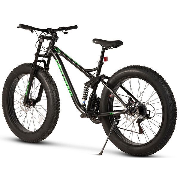 Bicicleta MTB cu Roti de 26", Furca Dubla Suspensie, Manete Secventiale, Frane Disc, 21 Viteze, negru/verde, Fat Bike Genius Velors Duro 2.6 Full Suspension cu Cauciucuri late 26X4.0