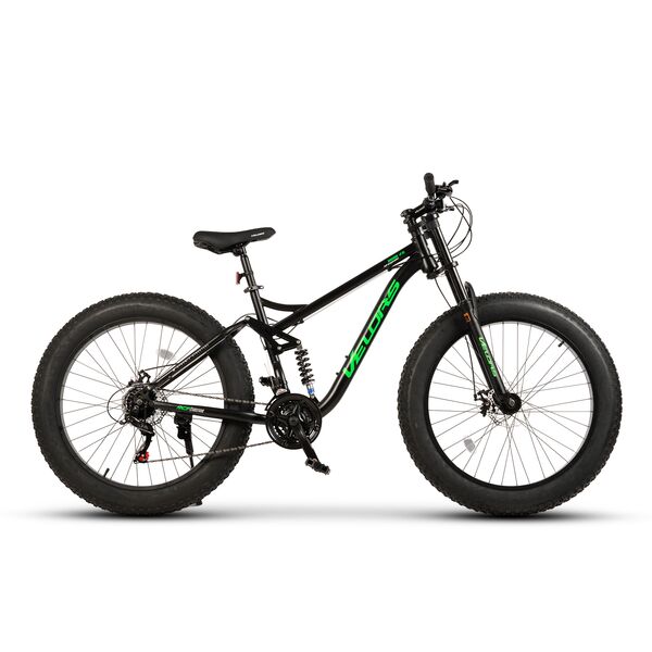 Bicicleta MTB cu Roti de 26", Furca Dubla Suspensie, Manete Secventiale, Frane Disc, 21 Viteze, negru/verde, Fat Bike Genius Velors Duro 2.6 Full Suspension cu Cauciucuri late 26X4.0