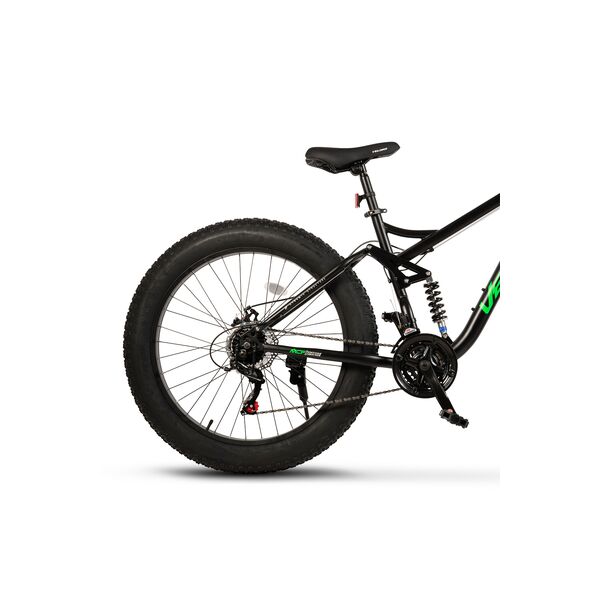 Bicicleta MTB cu Roti de 26", Furca Dubla Suspensie, Manete Secventiale, Frane Disc, 21 Viteze, negru/verde, Fat Bike Genius Velors Duro 2.6 Full Suspension cu Cauciucuri late 26X4.0