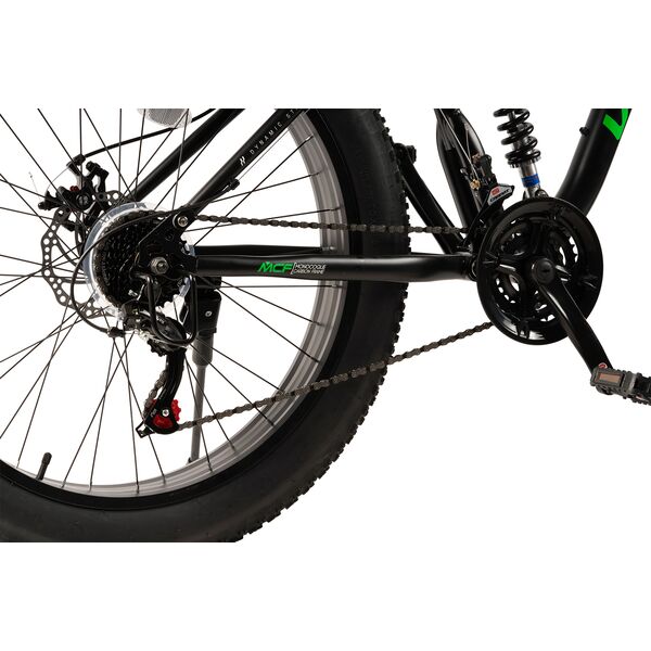 Bicicleta MTB cu Roti de 26", Furca Dubla Suspensie, Manete Secventiale, Frane Disc, 21 Viteze, negru/verde, Fat Bike Genius Velors Duro 2.6 Full Suspension cu Cauciucuri late 26X4.0