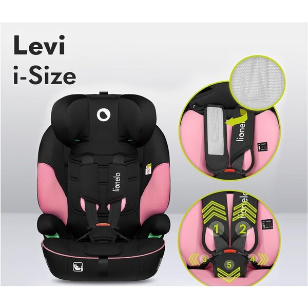Scaun auto, Lionelo, Levi One i-Size, Universal, Instalare FWF, Cu tetiera reglabila in 10 pozitii, Cu spatar detasabil, 76-150 cm, Conform cu R129, Roz, Culoare: Roz