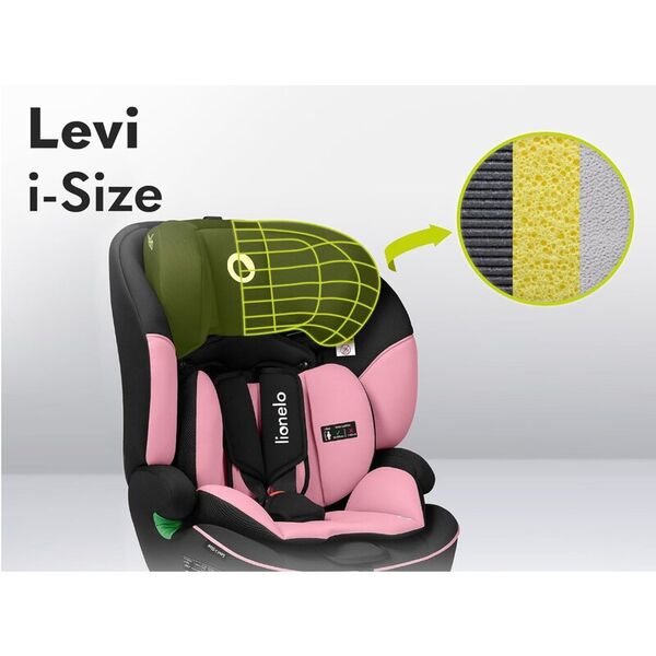 Scaun auto, Lionelo, Levi One i-Size, Universal, Instalare FWF, Cu tetiera reglabila in 10 pozitii, Cu spatar detasabil, 76-150 cm, Conform cu R129, Roz, Culoare: Roz