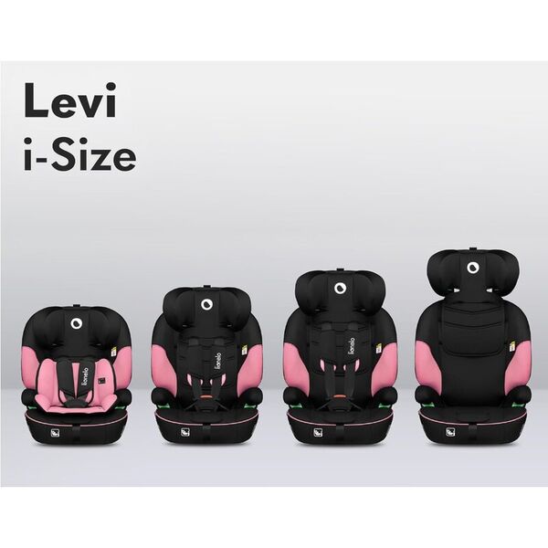 Scaun auto, Lionelo, Levi One i-Size, Universal, Instalare FWF, Cu tetiera reglabila in 10 pozitii, Cu spatar detasabil, 76-150 cm, Conform cu R129, Roz, Culoare: Roz