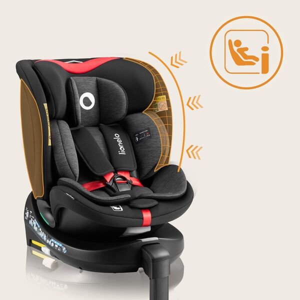 Scaun auto, Lionelo, i-Size Navy, 0-36 Kg, 40-150 cm, Cu isofix si picior de fixare, Protectie laterala, Rotire 360 grade, Ajustare spatar in 4 pozitii, Tetiera reglabila in 11 trepte, Conform cu R129, Negru/Turcoaz, Culoare: Negru/Rosu