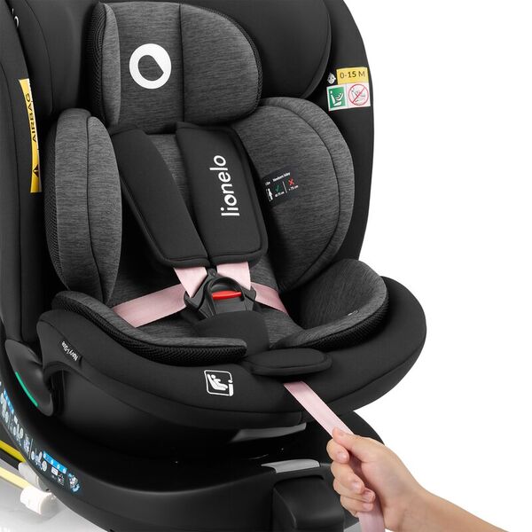 Scaun auto, Lionelo, i-Size Navy, 0-36 Kg, 40-150 cm, Cu isofix si picior de fixare, Protectie laterala, Rotire 360 grade, Ajustare spatar in 4 pozitii, Tetiera reglabila in 11 trepte, Conform cu R129, Negru/Roz, Culoare: Negru/Roz