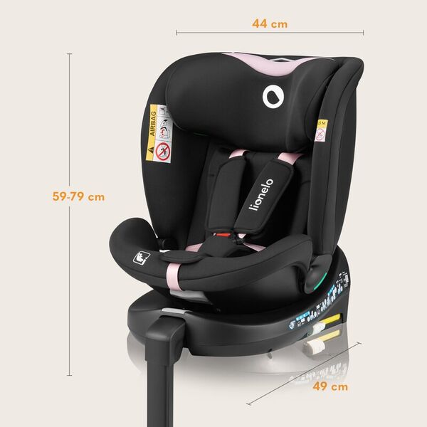 Scaun auto, Lionelo, i-Size Navy, 0-36 Kg, 40-150 cm, Cu isofix si picior de fixare, Protectie laterala, Rotire 360 grade, Ajustare spatar in 4 pozitii, Tetiera reglabila in 11 trepte, Conform cu R129, Negru/Roz, Culoare: Negru/Roz