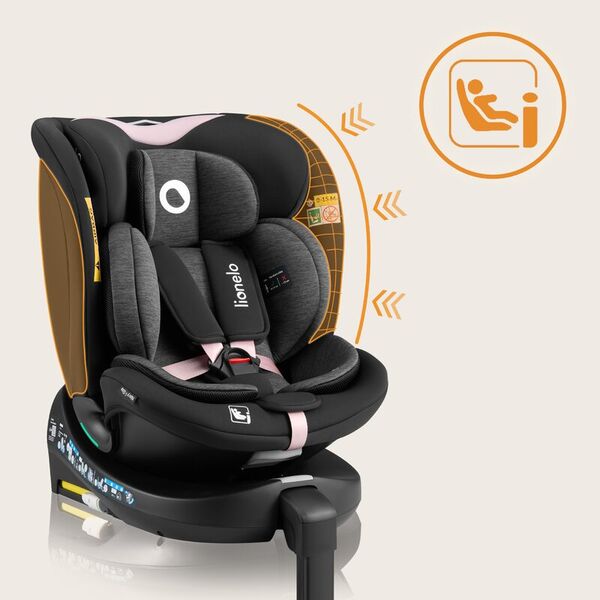 Scaun auto, Lionelo, i-Size Navy, 0-36 Kg, 40-150 cm, Cu isofix si picior de fixare, Protectie laterala, Rotire 360 grade, Ajustare spatar in 4 pozitii, Tetiera reglabila in 11 trepte, Conform cu R129, Negru/Roz, Culoare: Negru/Roz