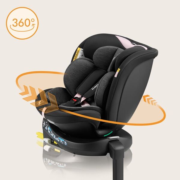 Scaun auto, Lionelo, i-Size Navy, 0-36 Kg, 40-150 cm, Cu isofix si picior de fixare, Protectie laterala, Rotire 360 grade, Ajustare spatar in 4 pozitii, Tetiera reglabila in 11 trepte, Conform cu R129, Negru/Roz, Culoare: Negru/Roz