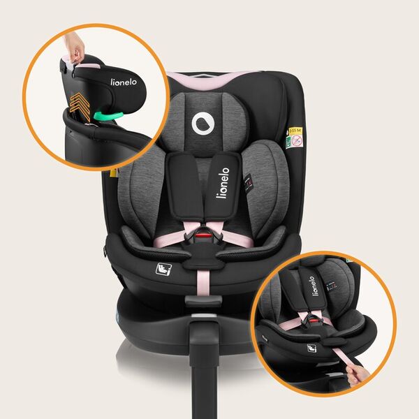 Scaun auto, Lionelo, i-Size Navy, 0-36 Kg, 40-150 cm, Cu isofix si picior de fixare, Protectie laterala, Rotire 360 grade, Ajustare spatar in 4 pozitii, Tetiera reglabila in 11 trepte, Conform cu R129, Negru/Roz, Culoare: Negru/Roz