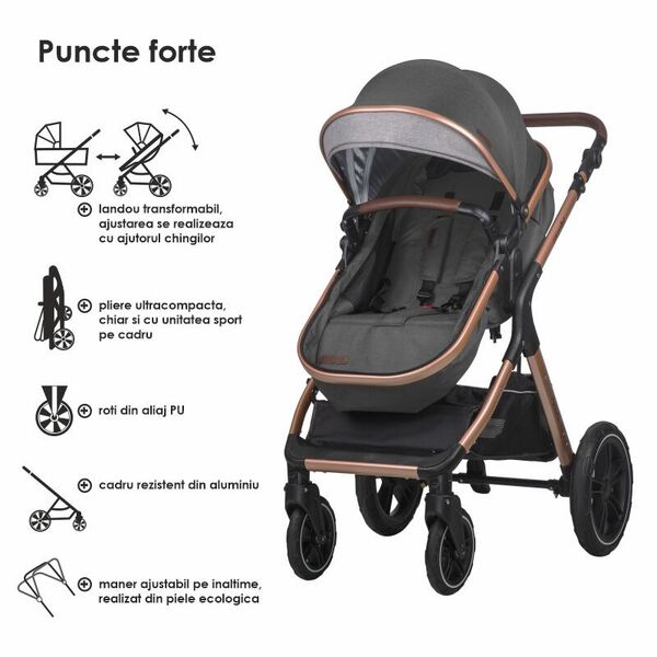 Carucior transformabil 3in1 Coccolle Melora Diamond black, Culoare: Negru