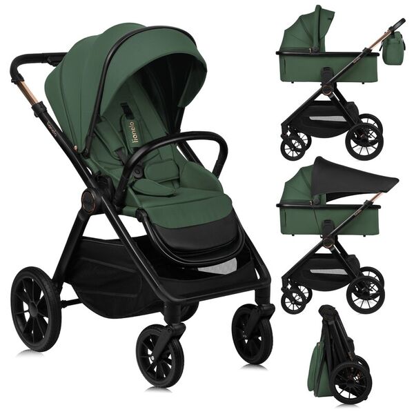 Carucior 2 in 1, Lionelo, Layla, Pana la 22 kg, Cadru aluminiu, Cu landou intarit si salteluta din spuma AirDots, Reversibil, Cu ventilatie 3D, Cu accesorii, EN1888-1, EN1888-2, EN1466, Verde, Culoare: Verde
