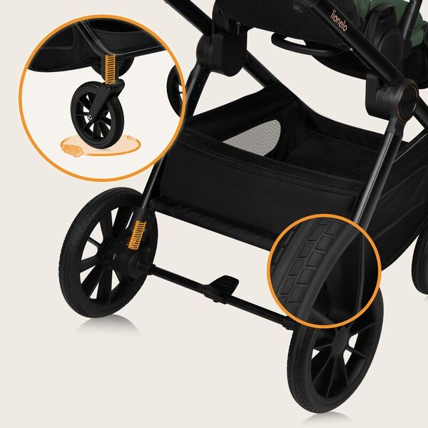 Carucior 2 in 1, Lionelo, Layla, Pana la 22 kg, Cadru aluminiu, Cu landou intarit si salteluta din spuma AirDots, Reversibil, Cu ventilatie 3D, Cu accesorii, EN1888-1, EN1888-2, EN1466, Verde, Culoare: Verde