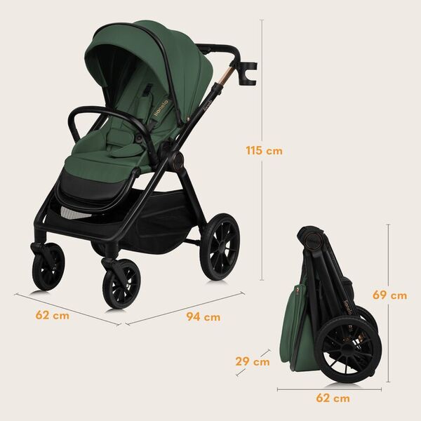 Carucior 2 in 1, Lionelo, Layla, Pana la 22 kg, Cadru aluminiu, Cu landou intarit si salteluta din spuma AirDots, Reversibil, Cu ventilatie 3D, Cu accesorii, EN1888-1, EN1888-2, EN1466, Verde, Culoare: Verde