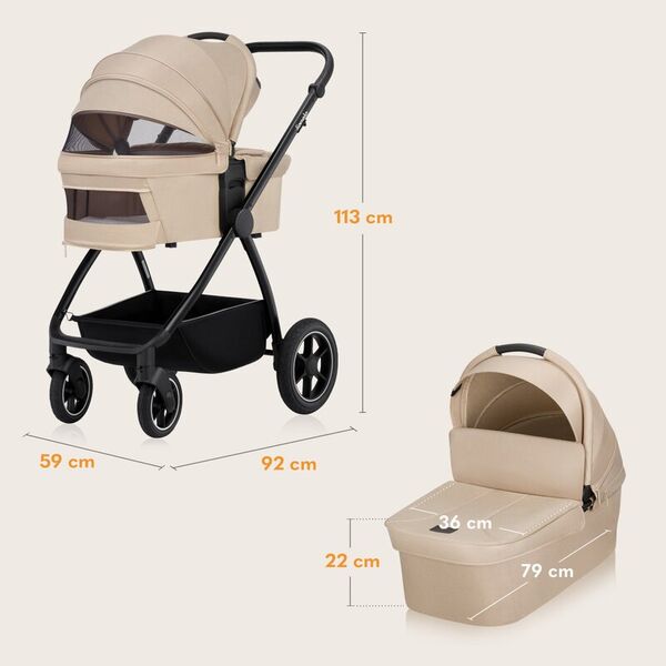 Carucior 2 in 1, Lionelo, Meril, Cu landou si scaun cu dimensiune XL, Reversibil, Cu sistem de ventilatie 3D, Cu accesorii, Pana la 22 kg, Conform cu EN1888-1 EN1888-2, EN1466, Bej, Culoare: Bej