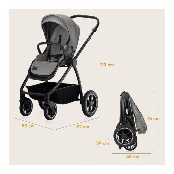 Carucior 2 in 1, Lionelo, Meril, Cu landou si scaun cu dimensiune XL, Reversibil, Cu sistem de ventilatie 3D, Cu accesorii, Pana la 22 kg, Conform cu EN1888-1 EN1888-2, EN1466, Gri, Culoare: Gri